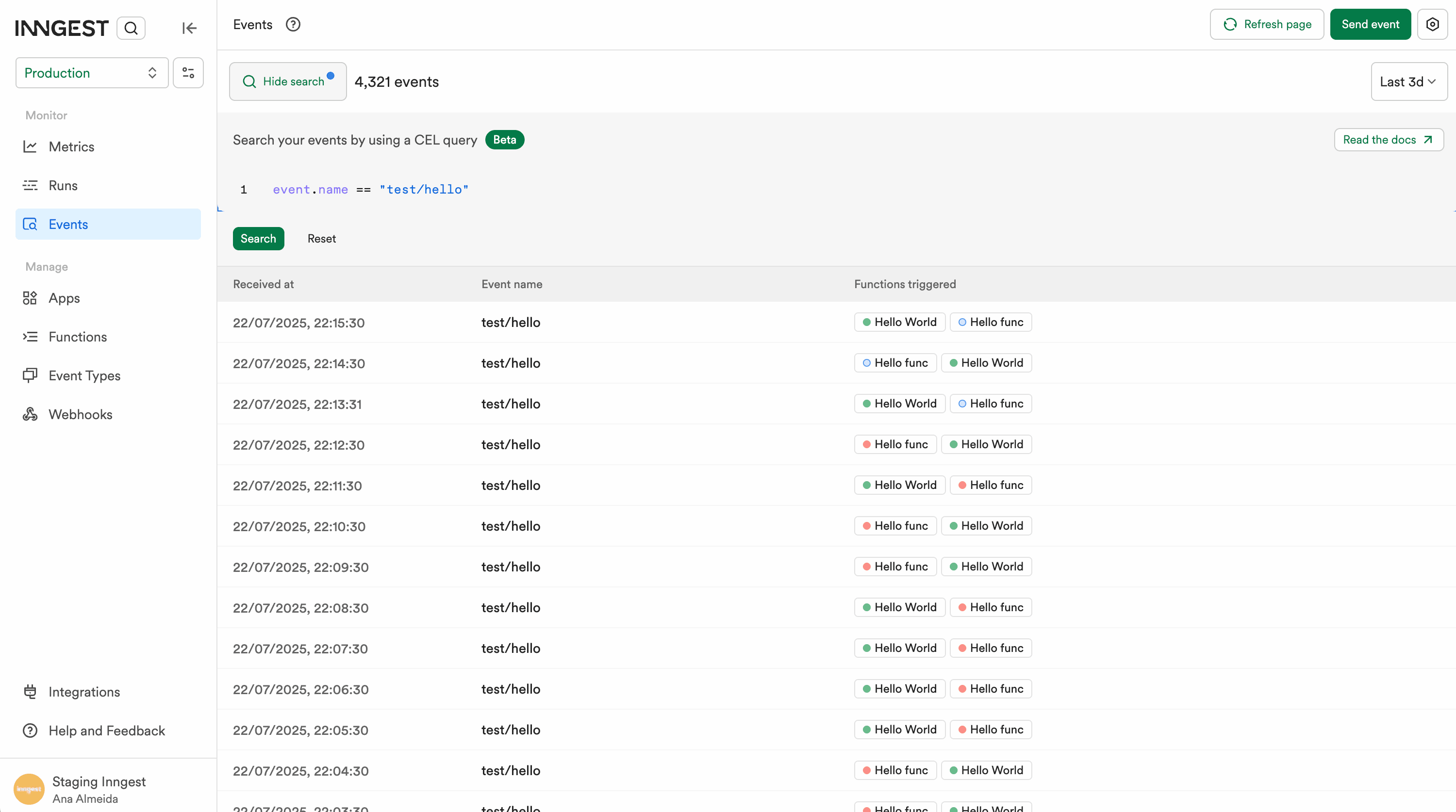 The events list features an advance search feature that filters results using a CEL query.